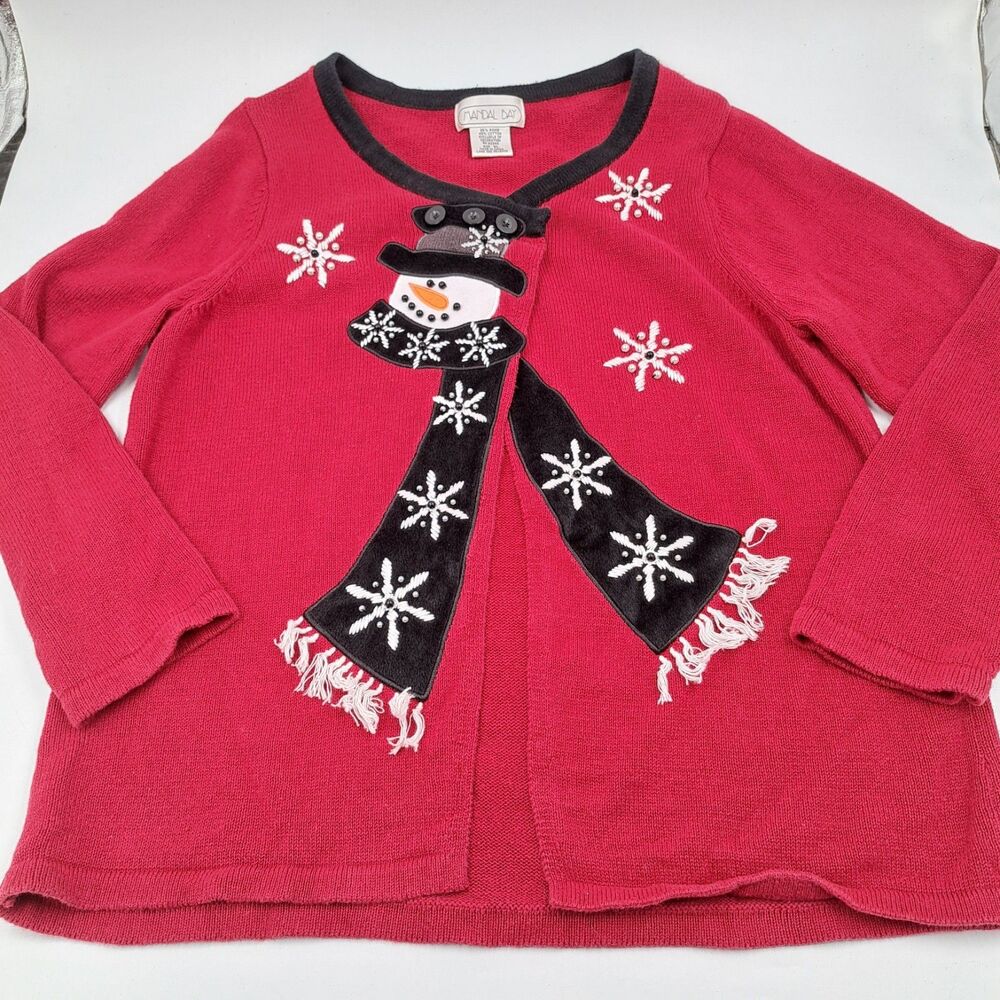 Vintage Mandal Bay Christmas Snowman Knit Cardigan Sweater Women XL Beaded Red